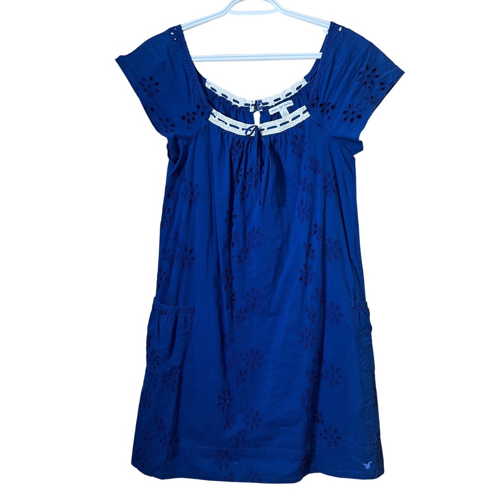 AE Outfitters Blue Eyelet Cotton Boho Peasant Mini Dress Cottagecore Pockets 6